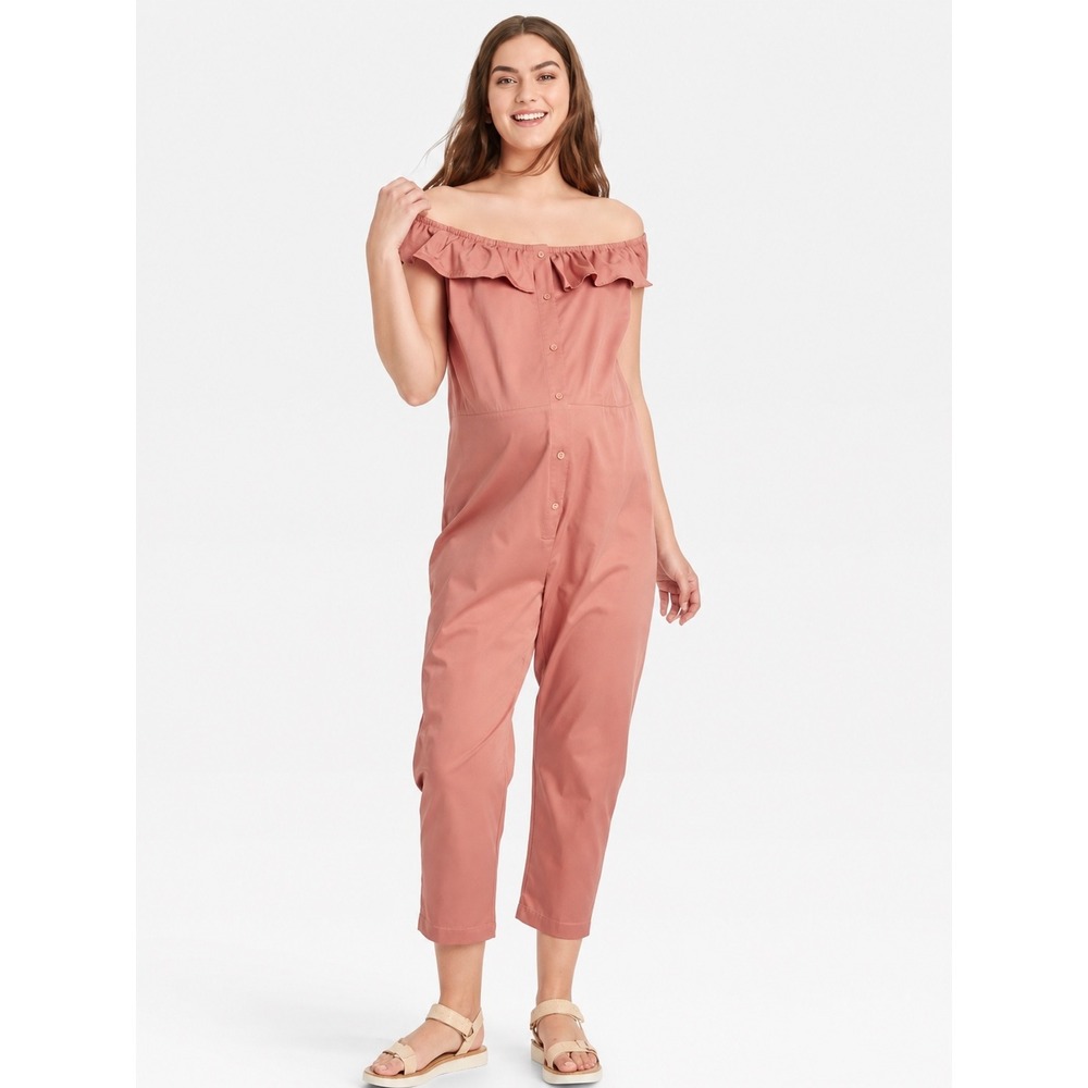 The Nines by Hatch Maternity Ruffle Off Shoulder Jumpsuit Terracotta Rose Small